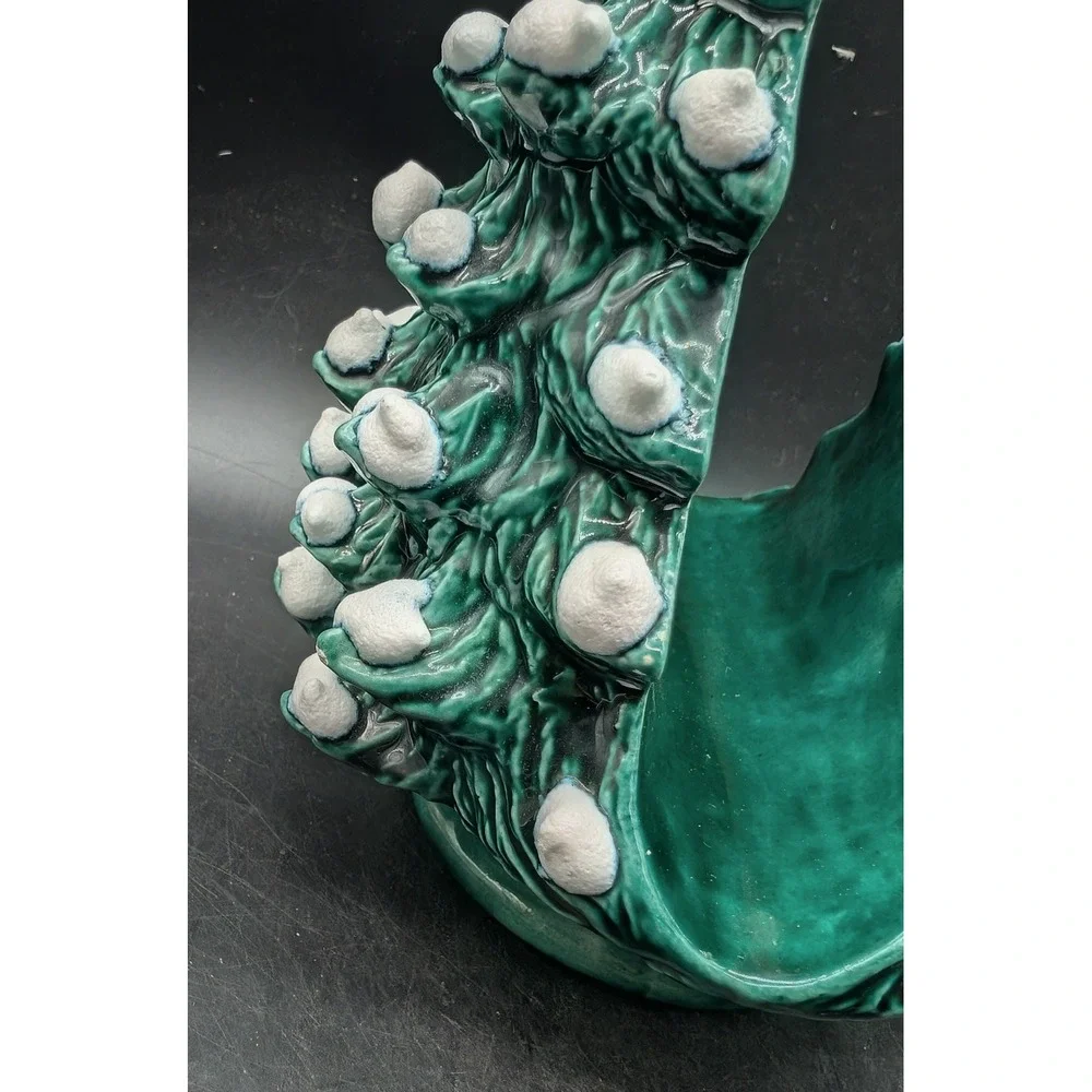 Vintage 1982 Handmade Ceramic Christmas Tree Napkin Holder Snow Capped Green